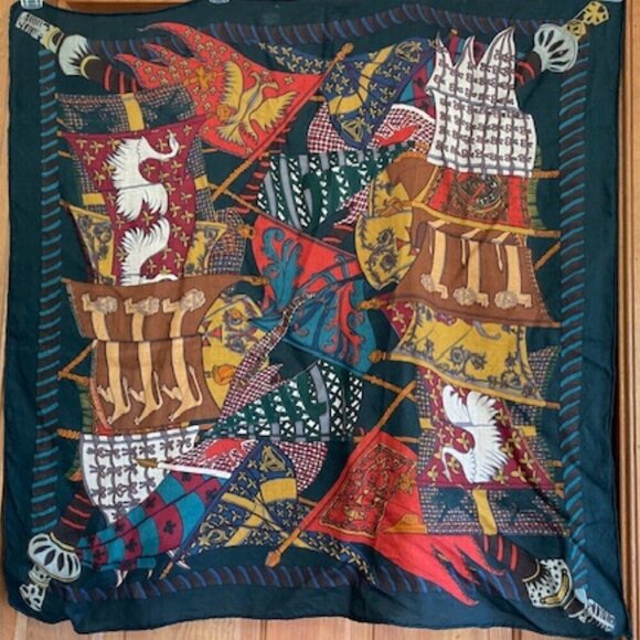HERMES Flag Print Square Green Blue Gold Red Large Vintage Scarf - Picture 1 of 17